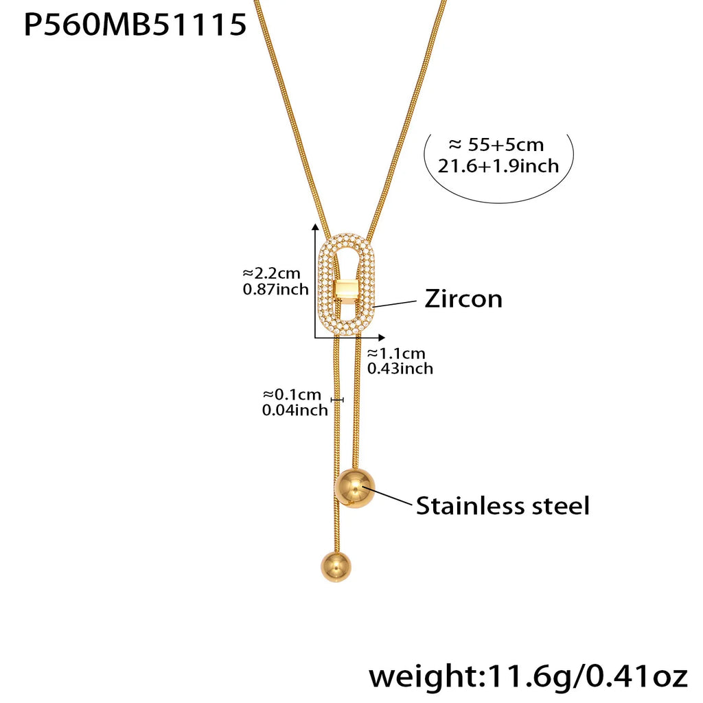 Ars 18K Gold Plated Y Necklace Stainless Steel Tassel Necklace Adjustable Oval Pendant Necklace Women's Zircon Lariat Necklaces