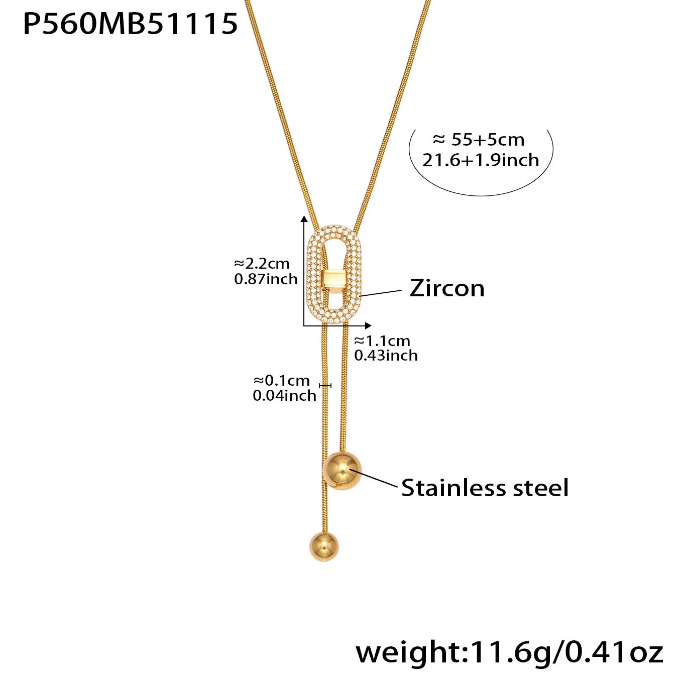 Ars 18K Gold Plated Y Necklace Stainless Steel Tassel Necklace Adjustable Oval Pendant Necklace Women's Zircon Lariat Necklaces