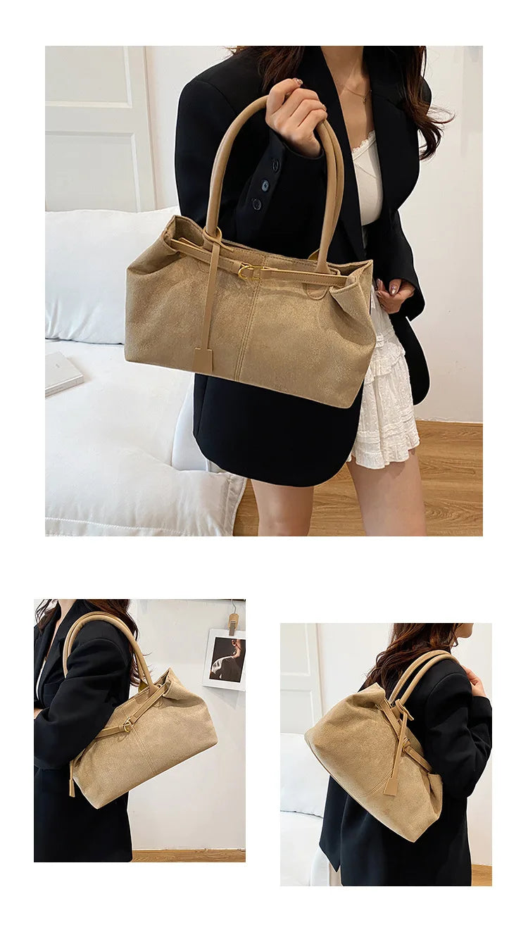 Belt Design Matte Leather Women's Tote Shoulder Bag Suede Velvet Female Underarm Bags Large Capacity Ladies Work Handbags Purse