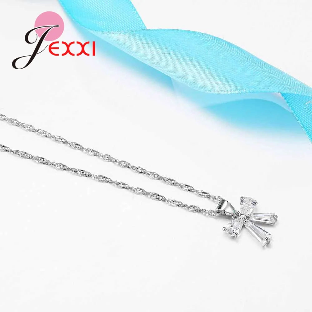 Girls Daily Decorations Simple Bowknot Necklace+Earrings 925 Sterling Silver Jewelry Sets Popular Styles Dropshipping