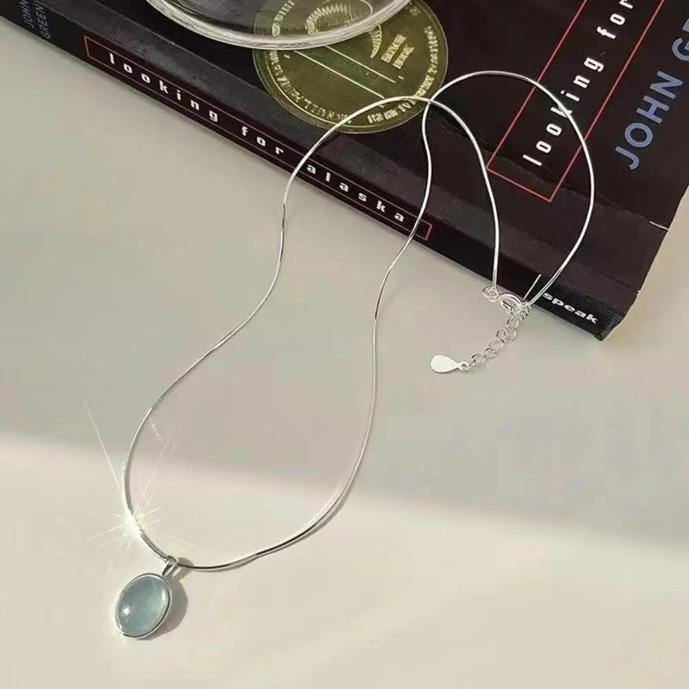 Silver Color Oval Aquamarine Pendant Necklace Ladies Girls Luxury Snake Chain Necklace Fashion Jewelry Gifts For Women New 2024