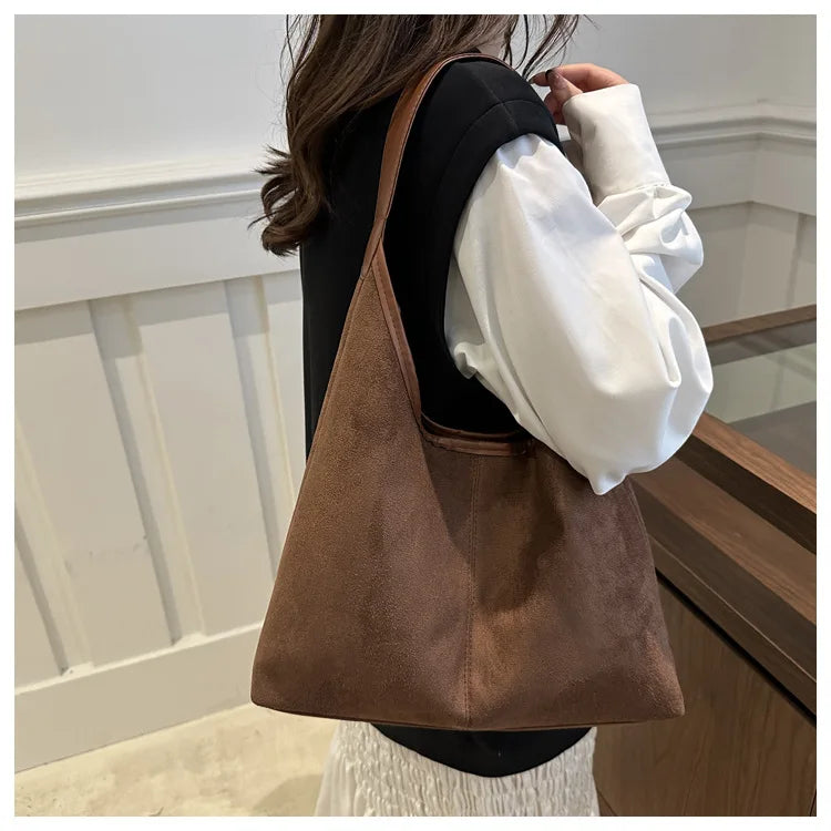 Vintage Faux Suede Tote Bags for Women Large Capacity Shoulder Ladies Underarm Bag Casual Simple Commuter Female Handbags