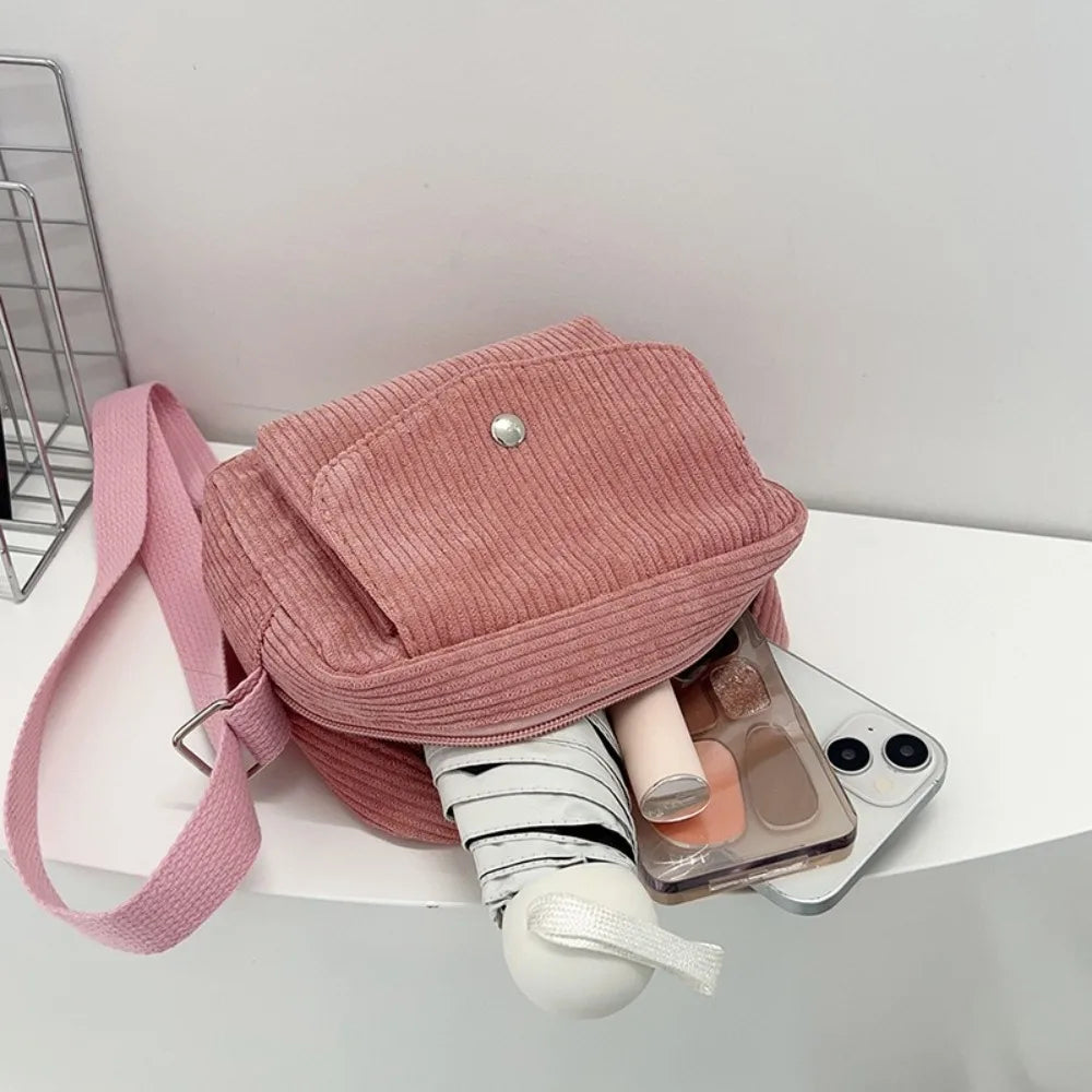 New Corduroy Striped Crossbody Bag Simple Design Solid Colour Shoulder Bags Adjustable Strap Lady's Square Bag for Casual Wear