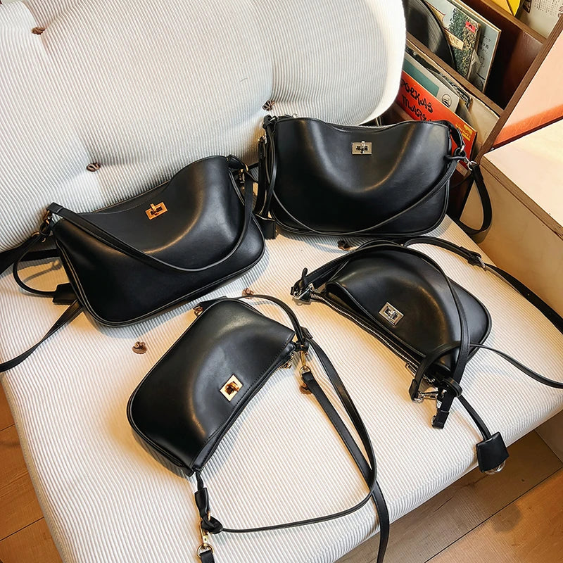 Luxury Rodeo Women Shoulder Bags Cowhide Leather Brand Black Handbags For Women Fashion Gold Silver Buckle Design Underarm Bags