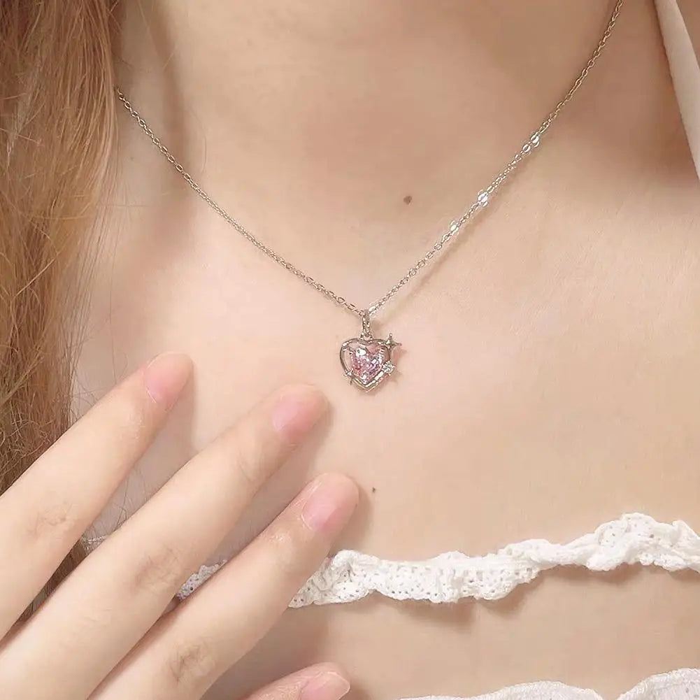 New Fashion Trendy Crystal Pink Zircon Heart Pendant Necklace For Women Girl Elegant and Sweet Punk Party Jewelry