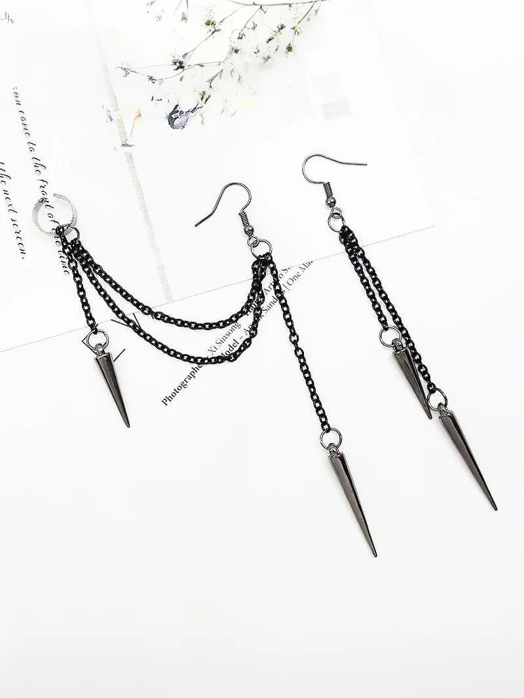 Men Retro Black Tassel Chain Long Earrings Punk Earrings Hiphop Rivet Earrings For Women Gothic Party Jewelry