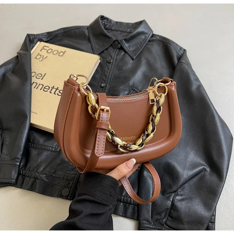 Fashion Chain Handbags Women's Crossbody Bags, Solid PU Leather Shoulder Bag For Daily Used