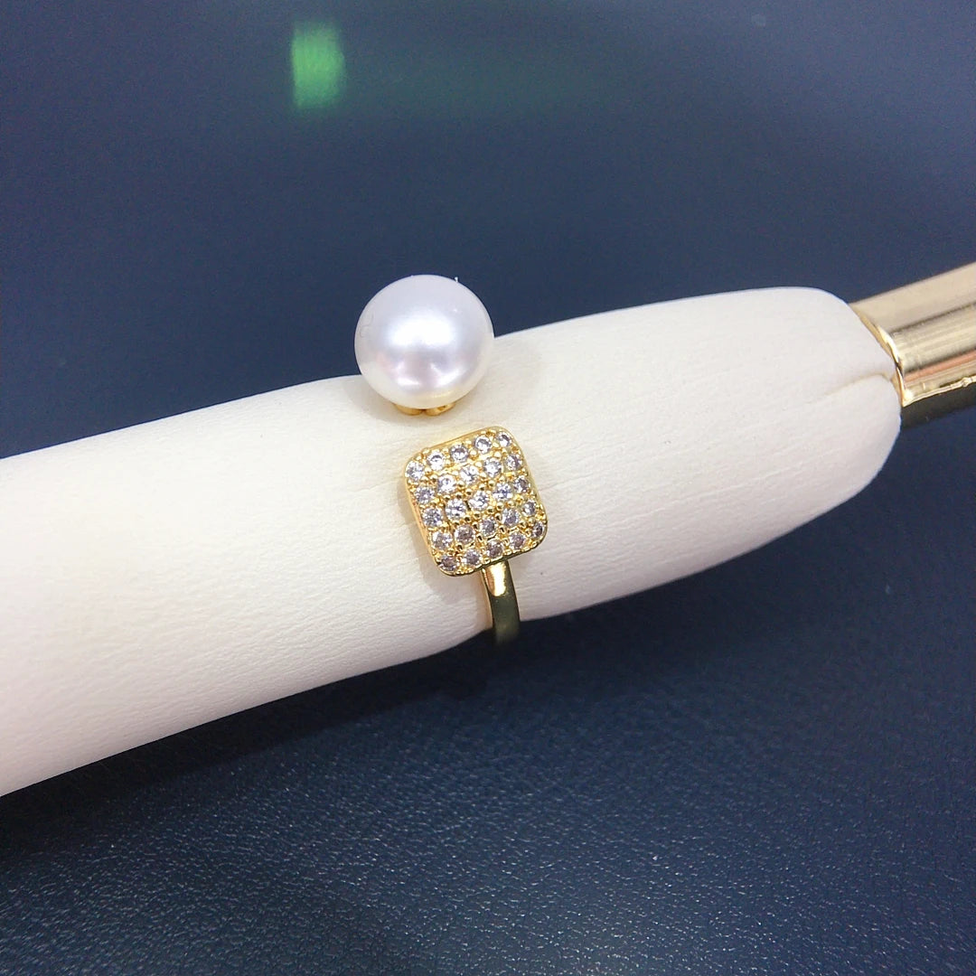 Unisex Adjustable Square Ring with 8-9mm Freshwater Cultured Pearl And Zircon Minimalist Fashion Jewelry for All 2025 New