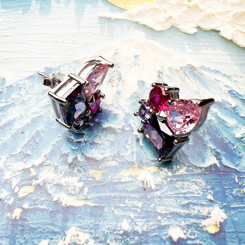 Ear Stud Earrings Pink and Violet Zircon Europe Style Glamorous Jewerly For Women Trendy Gift In 925 Sterling Silver