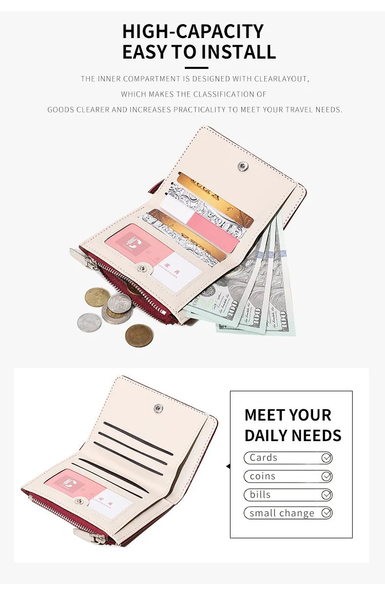 Minimalist Style Bow Short Wallet Multi-Functional Large Capacity Zipper Card Coin Purse Perfect Gift