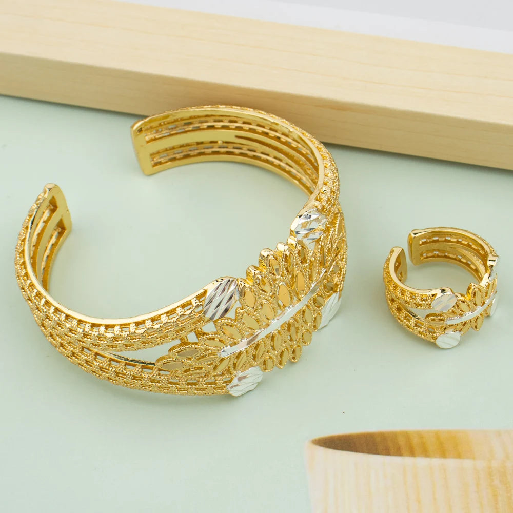Luxury Bracelet Rings Dubai France Female 18k Gold Color Bangles For Women Bride Bangles Wedding Bracelet with Rings