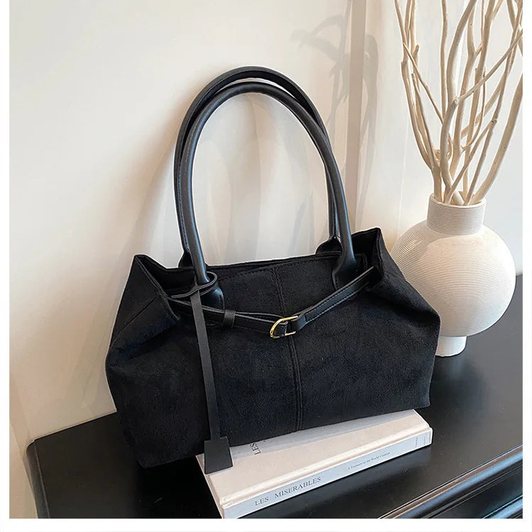 Belt Design Matte Leather Women's Tote Shoulder Bag Suede Velvet Female Underarm Bags Large Capacity Ladies Work Handbags Purse