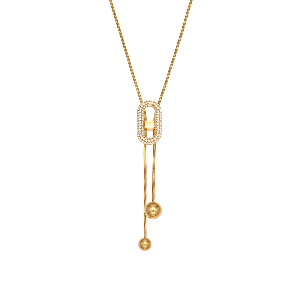 Ars 18K Gold Plated Y Necklace Stainless Steel Tassel Necklace Adjustable Oval Pendant Necklace Women's Zircon Lariat Necklaces
