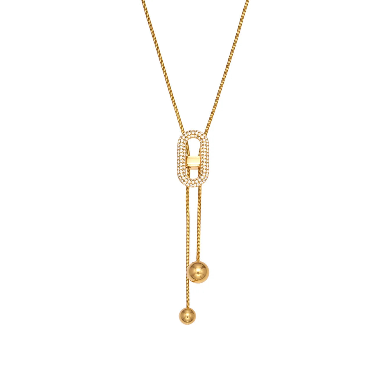 Ars 18K Gold Plated Y Necklace Stainless Steel Tassel Necklace Adjustable Oval Pendant Necklace Women's Zircon Lariat Necklaces