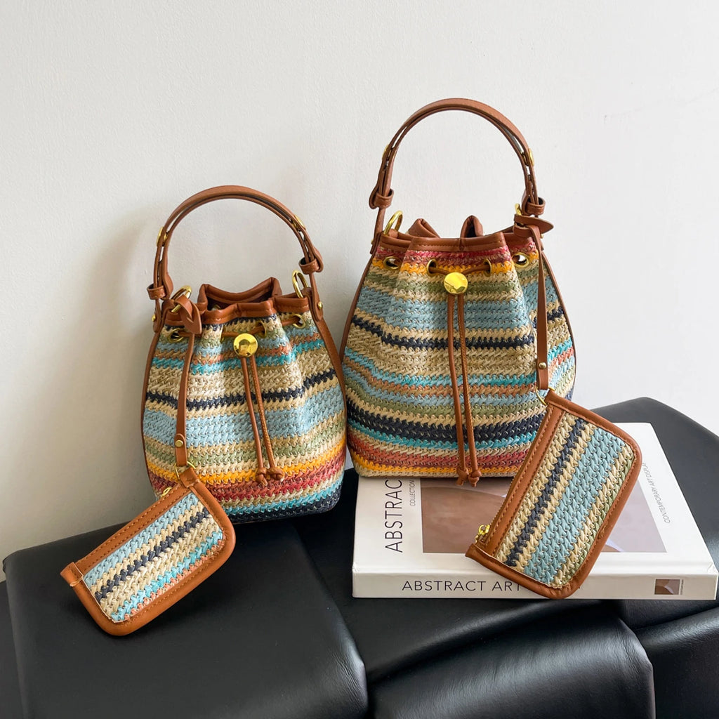 2 Pcs/set Bucket Design Crossbody Bag 2025 Boho Beach Shoulder Purses and Handbags Summer Colorful Straw Bolsa Feminina New