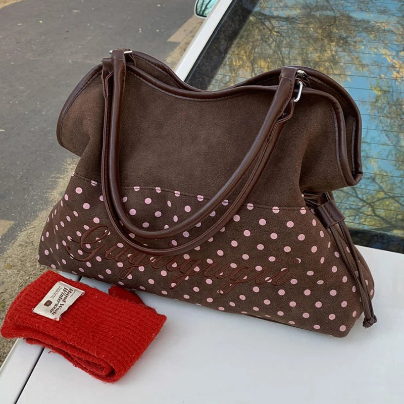 Polka Dot Suede Shoulder Bag Women Stylish Brown Slouchy Tote Drawstring Design Magnetic Buckle Underarm Bag With Star Pendant
