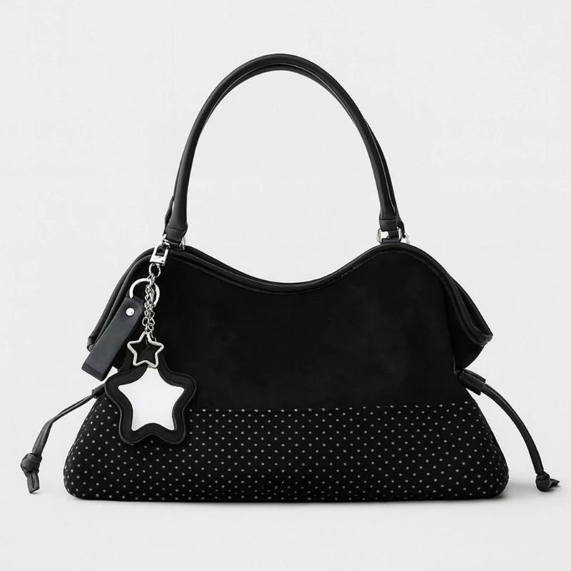 Polka Dot Suede Shoulder Bag Women Stylish Brown Slouchy Tote Drawstring Design Magnetic Buckle Underarm Bag With Star Pendant