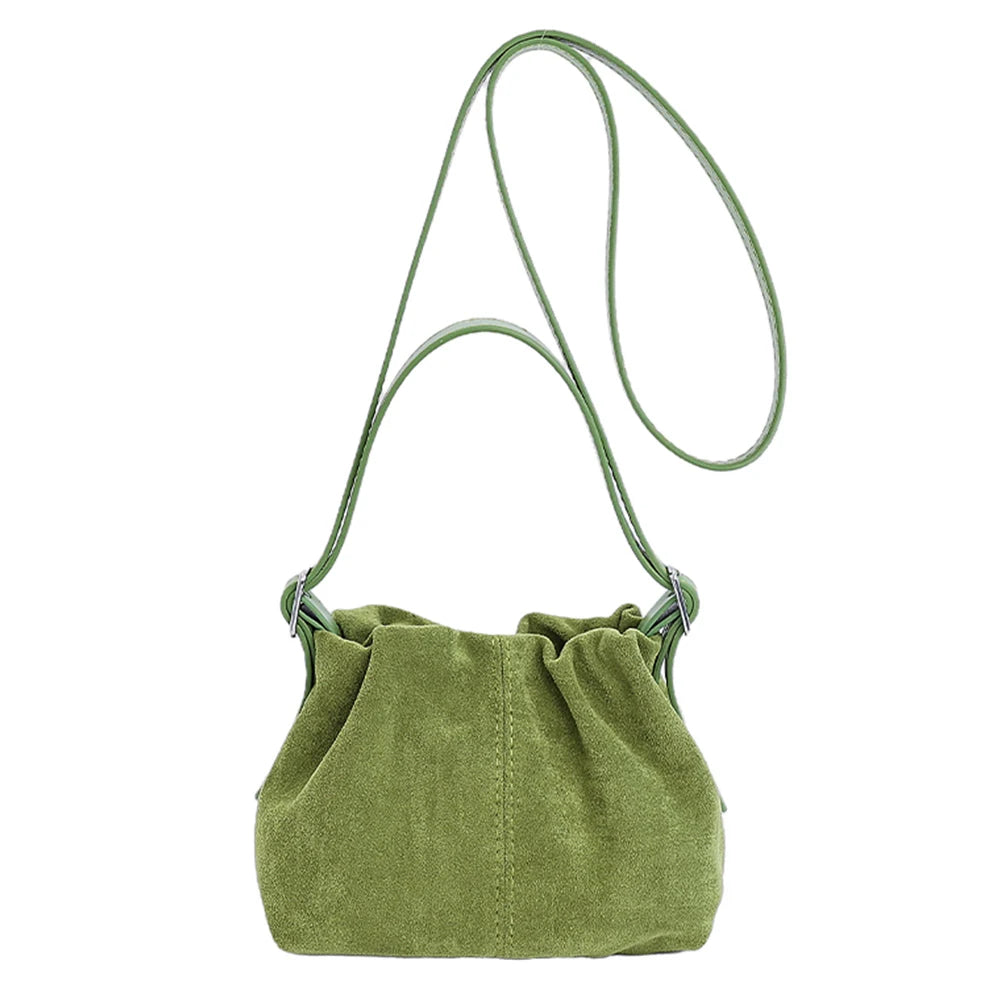 Women Suede Leather Shoulder Bag Vintage Tote Handbag Travel Autumn Winter Causal Crossbody Bags Lightweight Drawstring Handbag