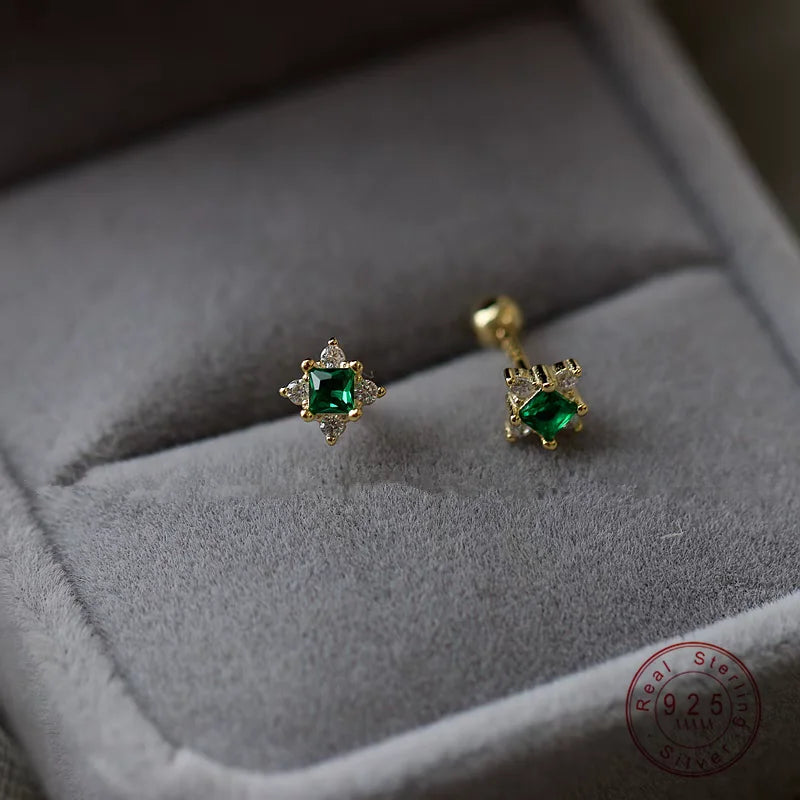 925 Sterling Silver Plating 14K Gold Exquisite Green Zircon Geometry Stud Earrings For Women Fine Jewelry