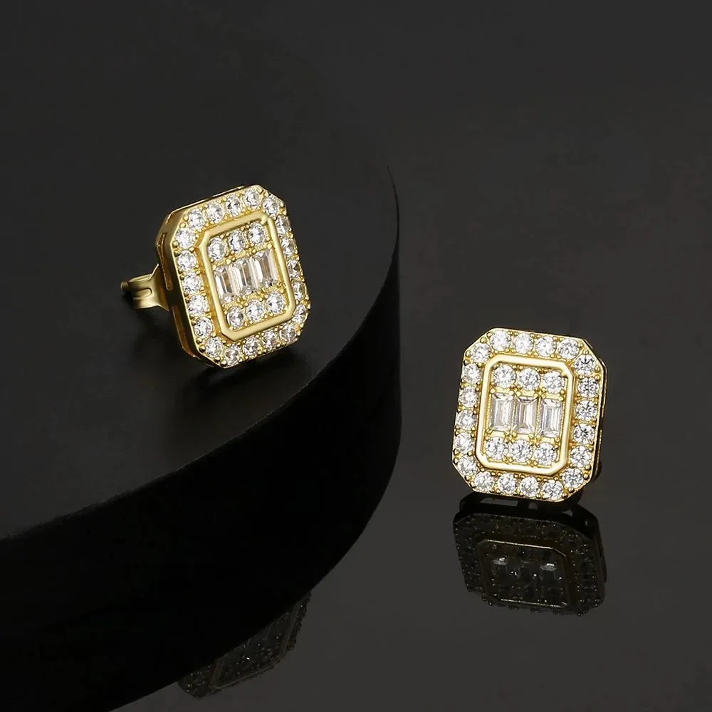 Hip Hop Punk Iced Out Zircon Stud Earrings for Men Women Gold Color Shiny Crystal Ear Accessories Hippie Fashion Jewelry OHE143