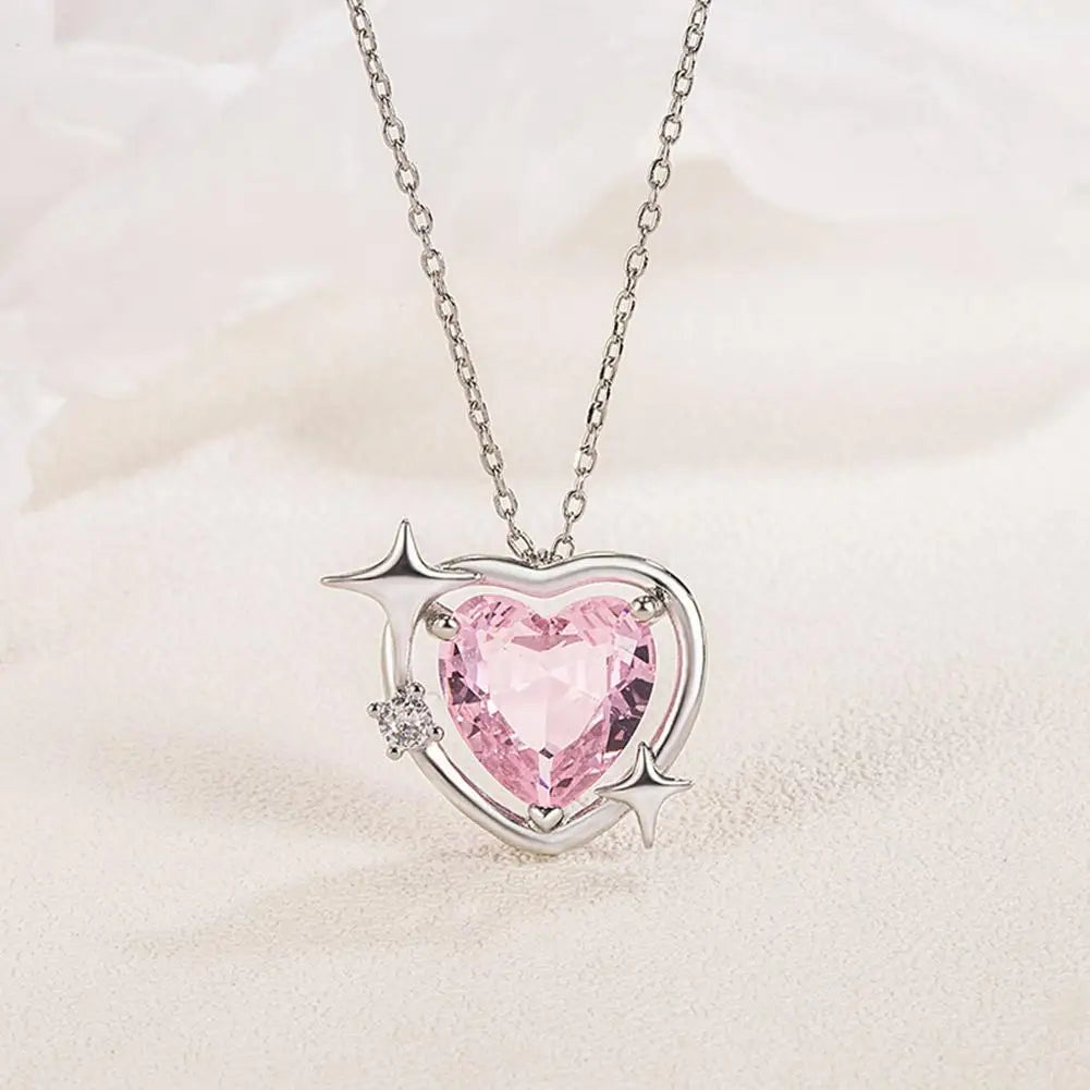 New Fashion Trendy Crystal Pink Zircon Heart Pendant Necklace For Women Girl Elegant and Sweet Punk Party Jewelry