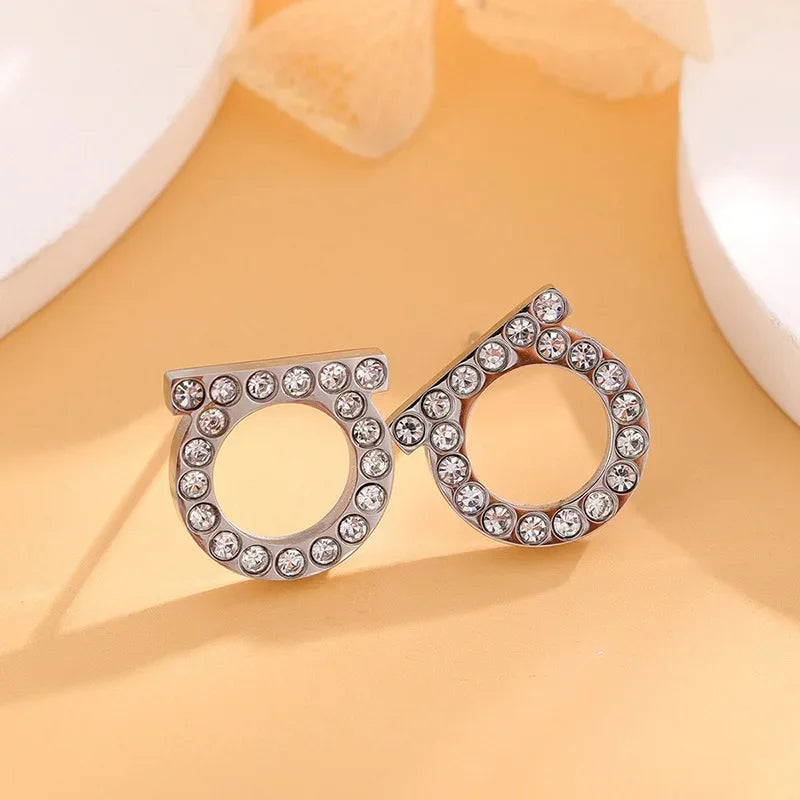 1 Pair Simple and Luxurious Zircon Inlaid D-shaped Stainless Steel Electroplated 18K Real Gold Stud Earrings Women Jewelry Gift