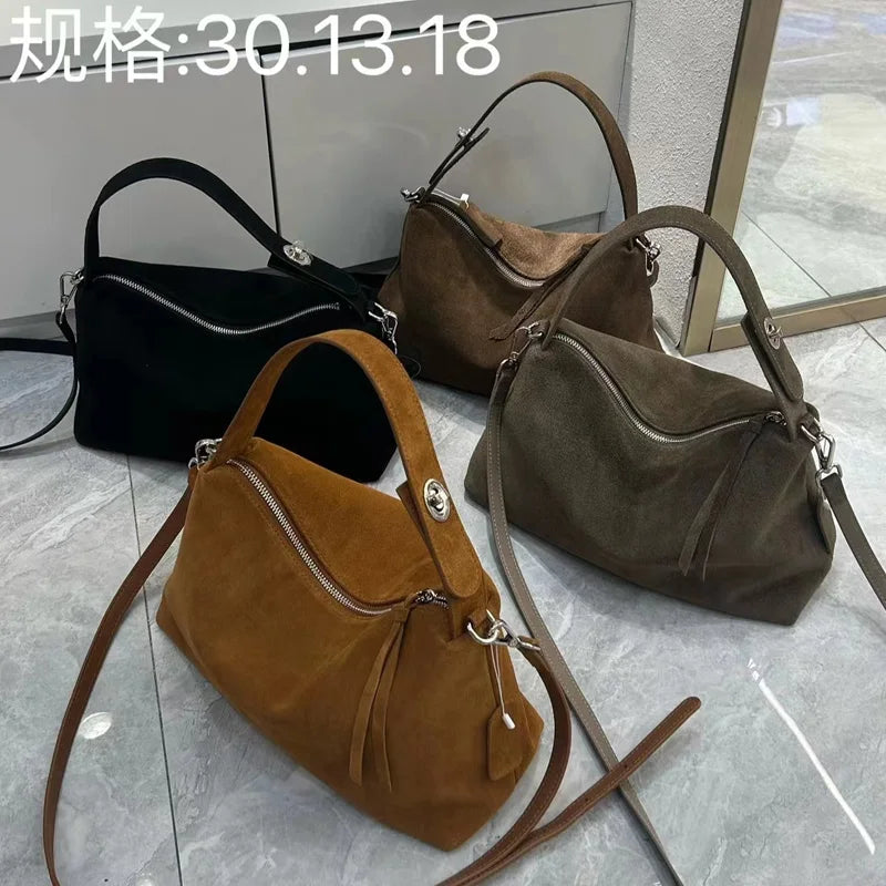 Genuine Grade Autumn Winter Big Boston Luxury Designer Tote Soft Matte Suede Leather Women Handbag Female Shoulder Crossbody Bag
