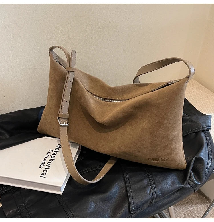 Vintage Suede Tote Bag For Women Autumn Winter New Large Capacity Commute Shoulder Crossbody Bags Fashion Trend Underarm Bags