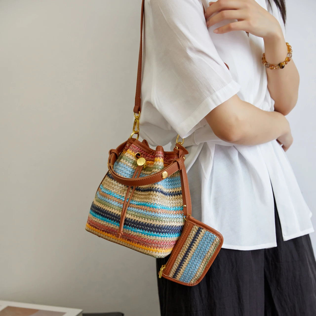 2 Pcs/set Bucket Design Crossbody Bag 2025 Boho Beach Shoulder Purses and Handbags Summer Colorful Straw Bolsa Feminina New