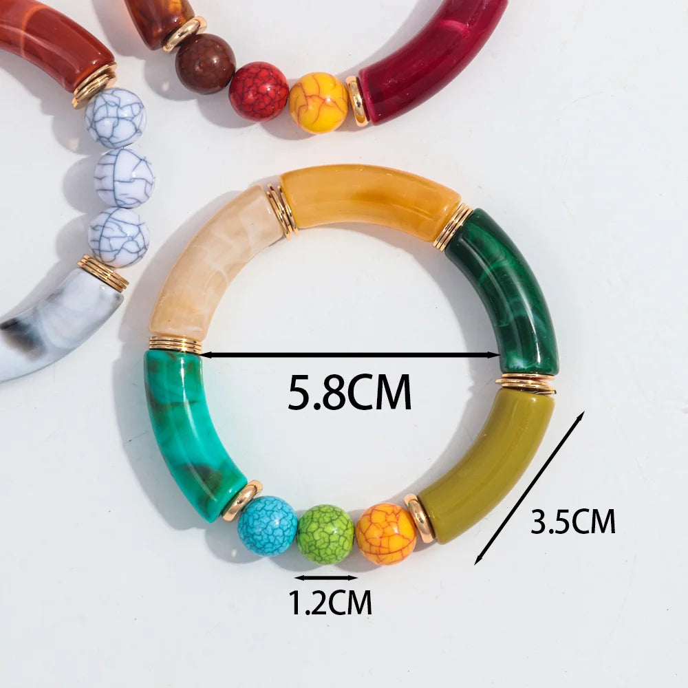 Bohemia Acrylic Bamboo Curved Tube Bracelet for Women Colorful Resin Chunky Elastic Stack Bracelets & Bangles Retro Jewelry Gift