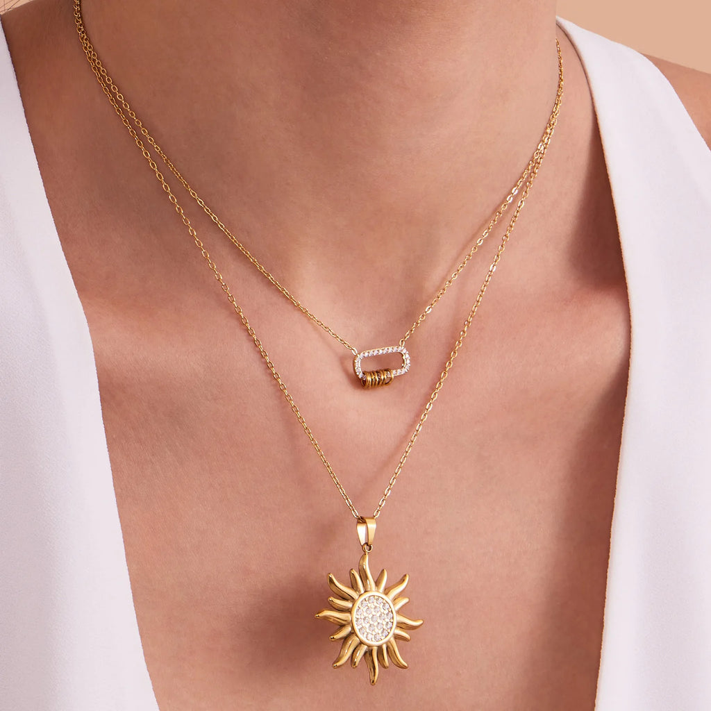 Liora Delicate Zircon Sun Oval Pendant Stainless Steel Chain Necklaces For Women Wedding Charm Neck Drop Choker Women Jewelry