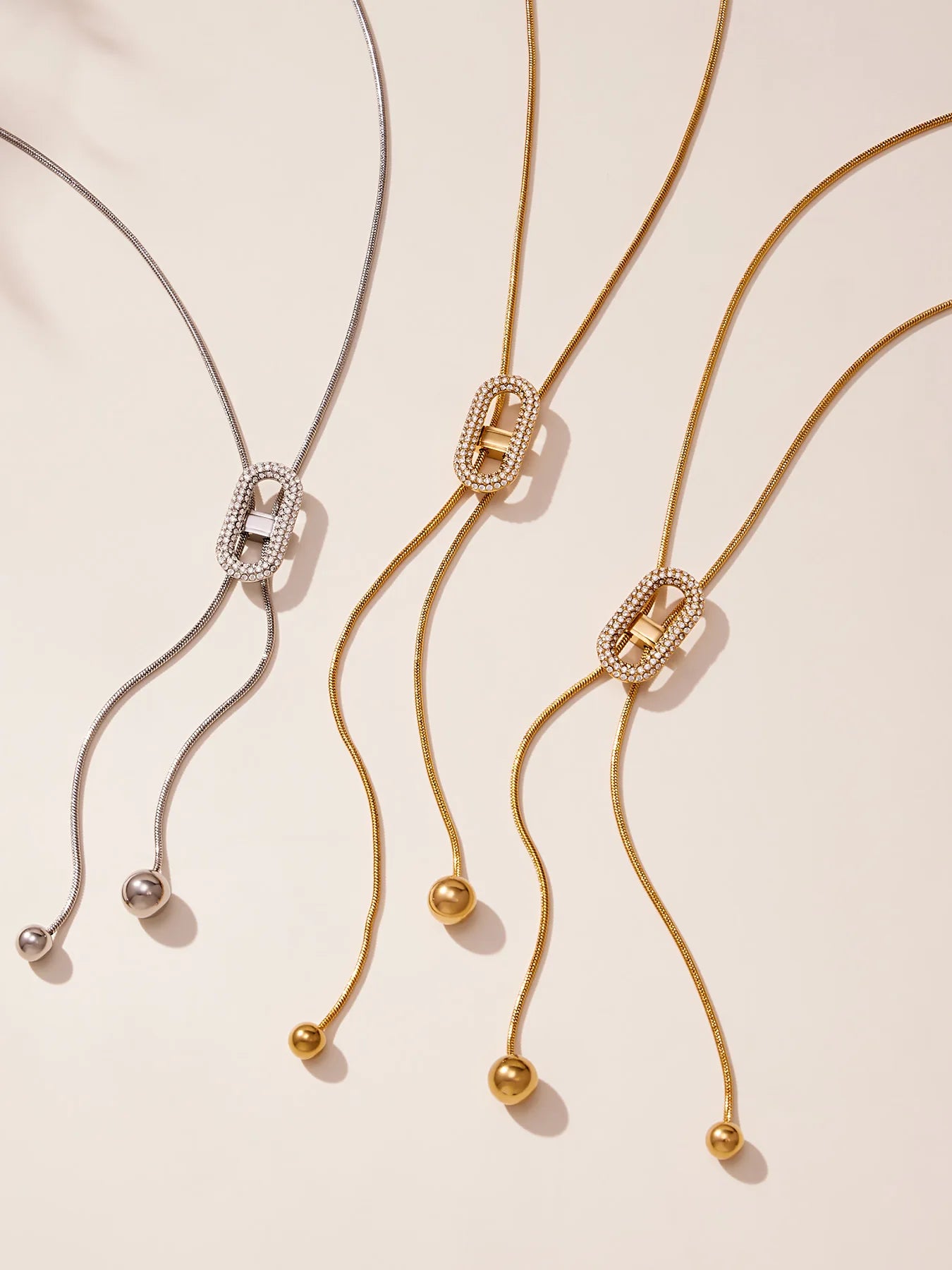 Ars 18K Gold Plated Y Necklace Stainless Steel Tassel Necklace Adjustable Oval Pendant Necklace Women's Zircon Lariat Necklaces