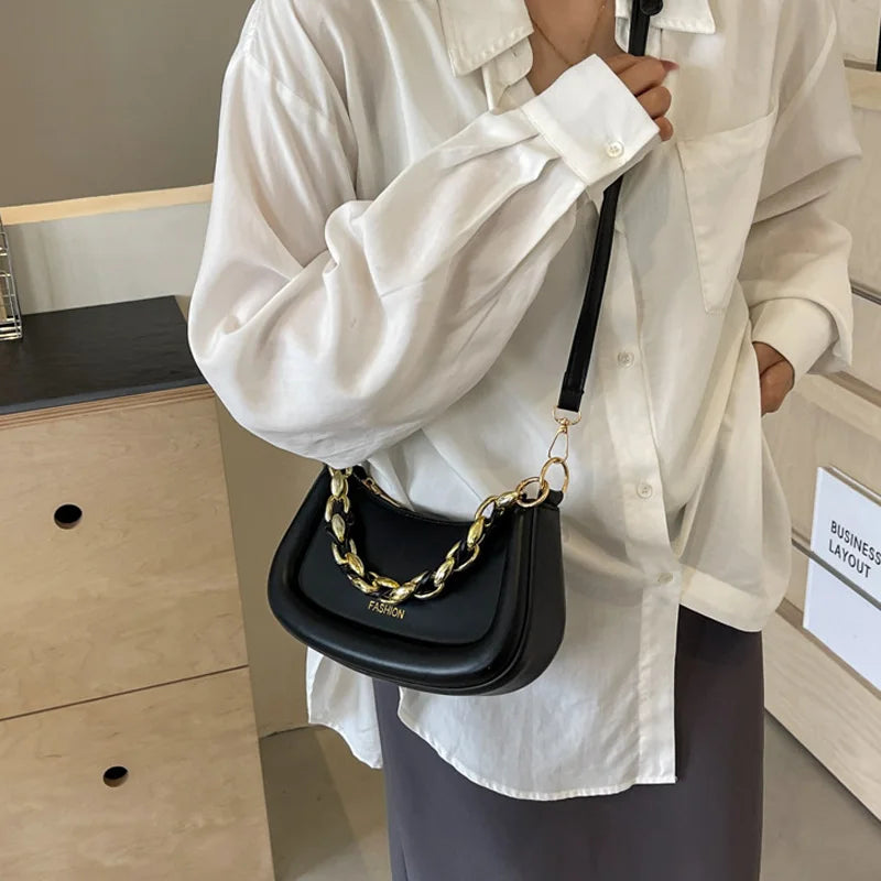 Fashion Chain Handbags Women's Crossbody Bags, Solid PU Leather Shoulder Bag For Daily Used