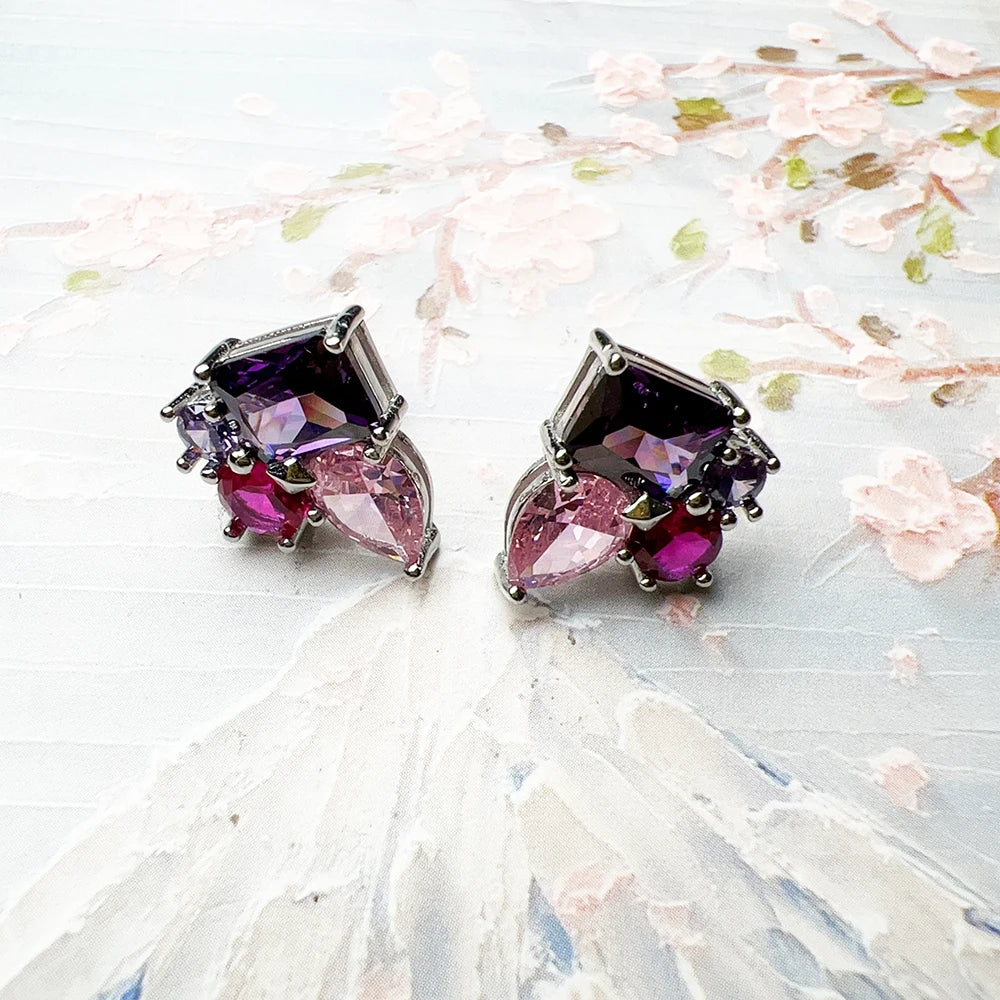 Ear Stud Earrings Pink and Violet Zircon Europe Style Glamorous Jewerly For Women Trendy Gift In 925 Sterling Silver