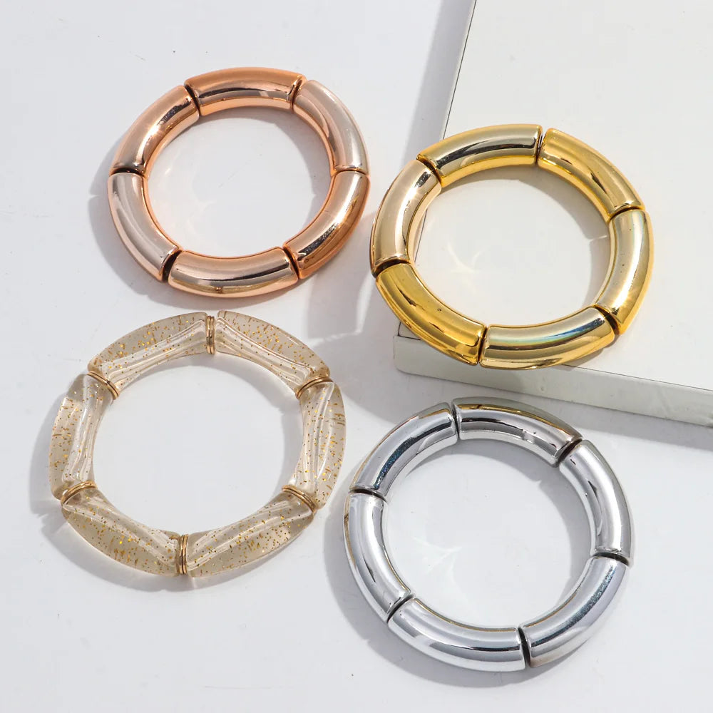 Bohemia Acrylic Bamboo Curved Tube Bracelet for Women Colorful Resin Chunky Elastic Stack Bracelets & Bangles Retro Jewelry Gift
