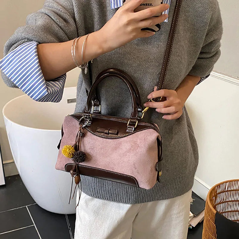 New Retro Frosted Tote Bag Boston Bag Pu Suede Women'S Shoulder Crossbody Bag Commuter Bag