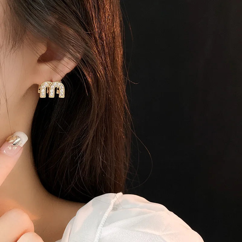 Zircon Drop Oil M Letter Ear Buckle Female Design High-grade Sense Stud Earrings for Women Fashion Light Luxury Jewelry Gifts