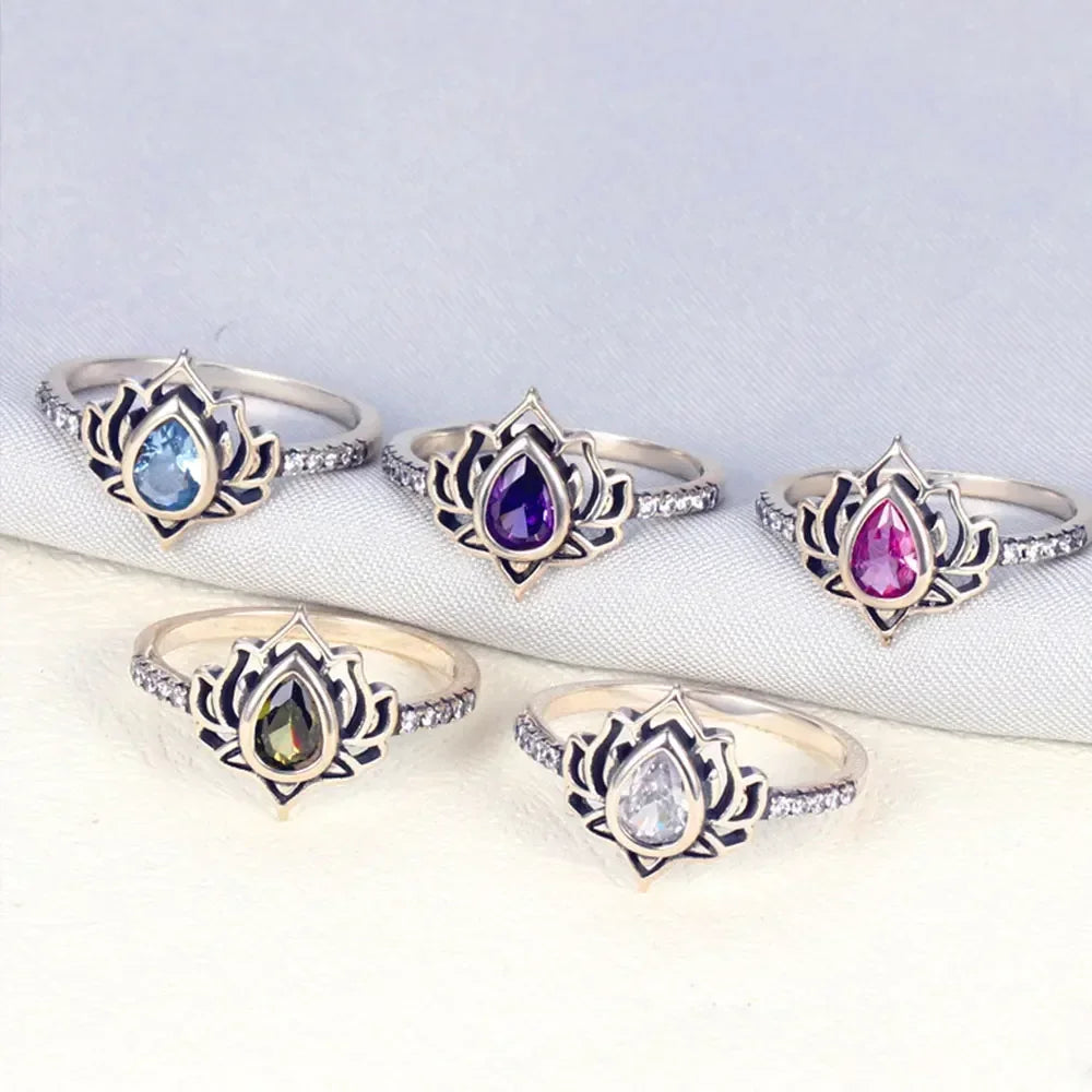 YILUOCD 925 Thai silver Adjustable Rings For Women Lotus Flower Colorful Zircon Ring Boho Female Fine Jewelry Gift