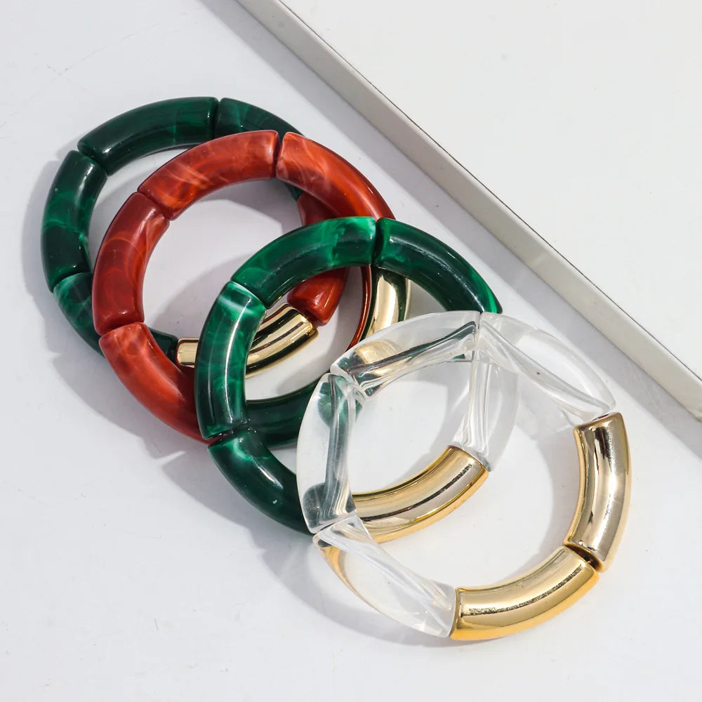 Bohemia Acrylic Bamboo Curved Tube Bracelet for Women Colorful Resin Chunky Elastic Stack Bracelets & Bangles Retro Jewelry Gift