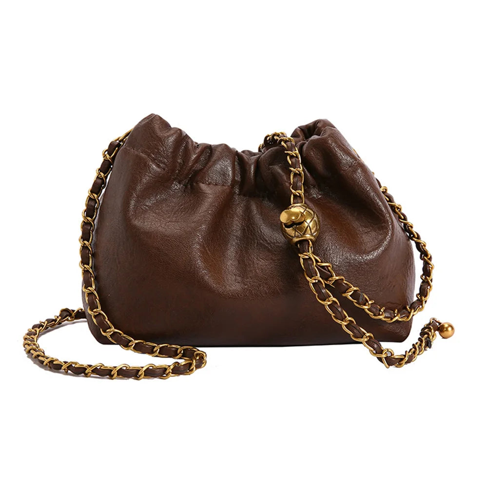 Women's Crossbody Tote Bag PU Leather Hobo Bag Fashionable Retro Bucket Bag Korean High-End Chain Crossbody Bag