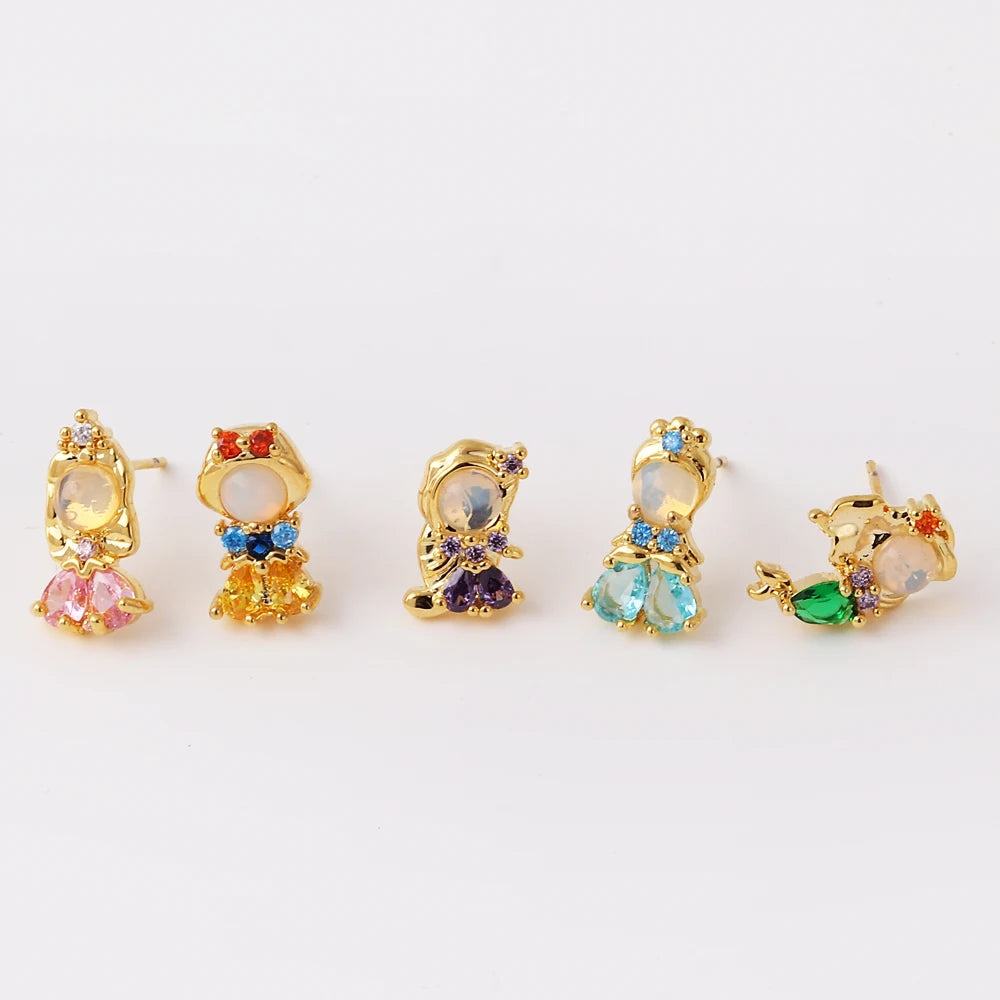 New Ins Colorful Zircon Cute Cartoon Characters Princess Stud Earrings For Women Girls Trendy Party Jewelry Gift