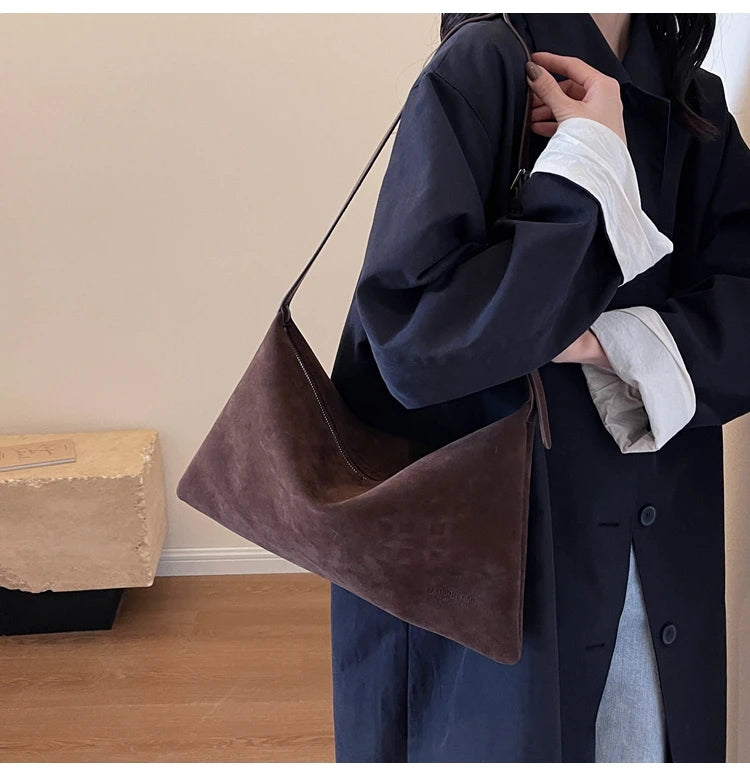 Vintage Suede Tote Bag For Women Autumn Winter New Large Capacity Commute Shoulder Crossbody Bags Fashion Trend Underarm Bags