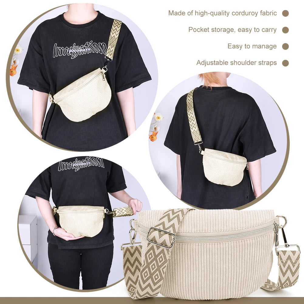 Shoulder Bag for Men Women with Adjustable Wide Strap Crossbody Bag Corduroy Solid Bum Bag Zipper Fanny Pack for Travel Workout