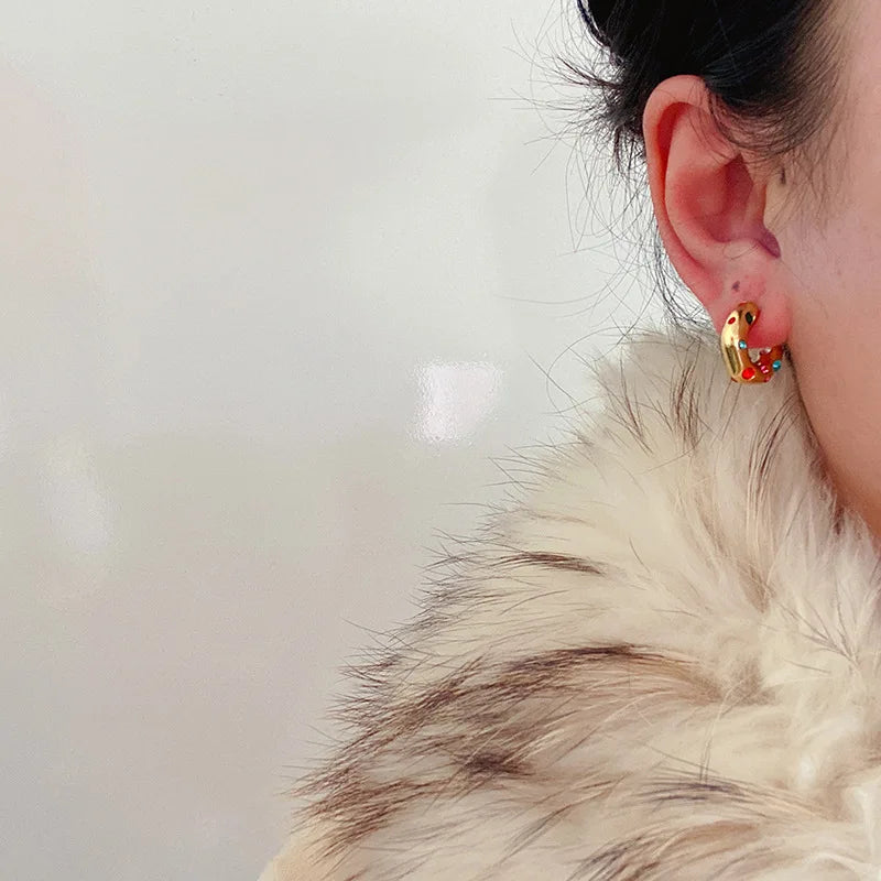 Retro Personality Colorful Zircon C Shape Stud Earrings for Women Charm Gold Color Stainless Steel Crystal Dangle Jewelry Gift