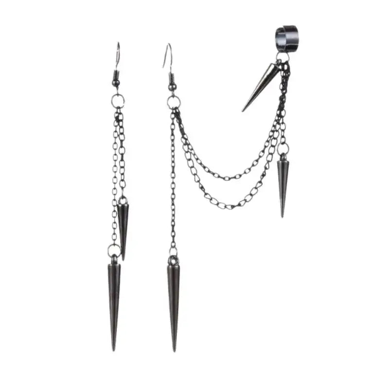 Men Retro Black Tassel Chain Long Earrings Punk Earrings Hiphop Rivet Earrings For Women Gothic Party Jewelry