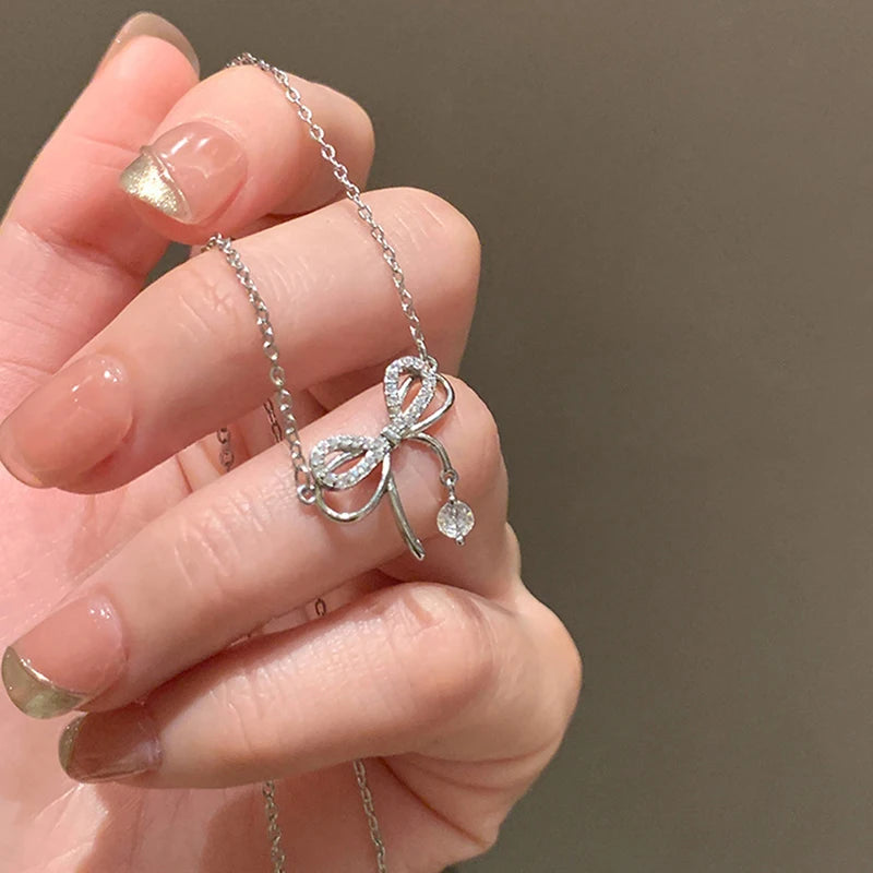 Zircon Bow Knot Pendant Necklace for Women Design Elegant Korean Fashion Necklaces Woman Charms Necklace Party Lady Accesorios