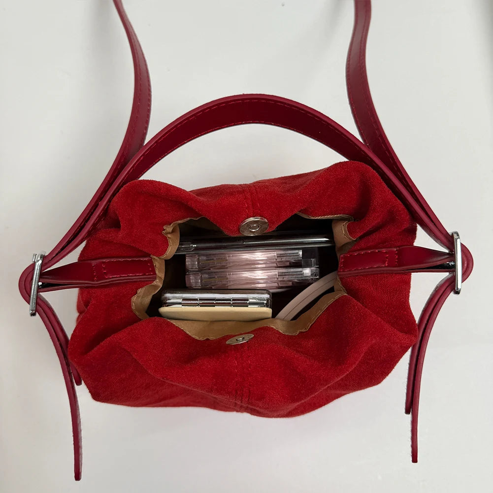 Women Suede Leather Shoulder Bag Vintage Tote Handbag Travel Autumn Winter Causal Crossbody Bags Lightweight Drawstring Handbag