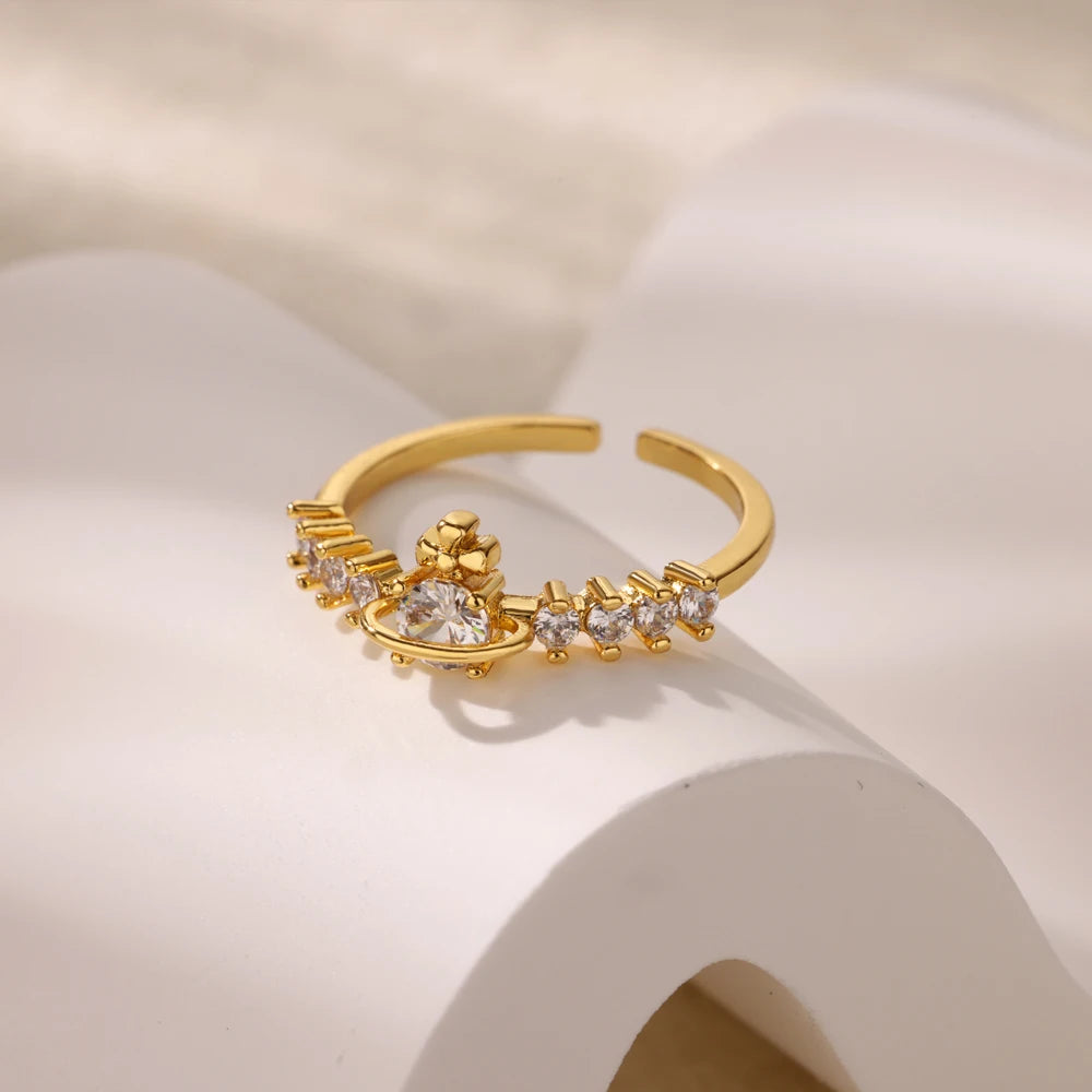 Luxury Zircon Round Rings For Women Gold Color Stainless Steel Open Ring Luxury Wedding Couple Aesthetic Jewerly Accessories