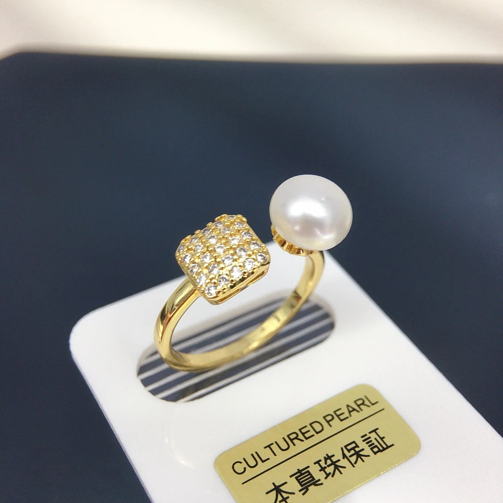 Unisex Adjustable Square Ring with 8-9mm Freshwater Cultured Pearl And Zircon Minimalist Fashion Jewelry for All 2025 New