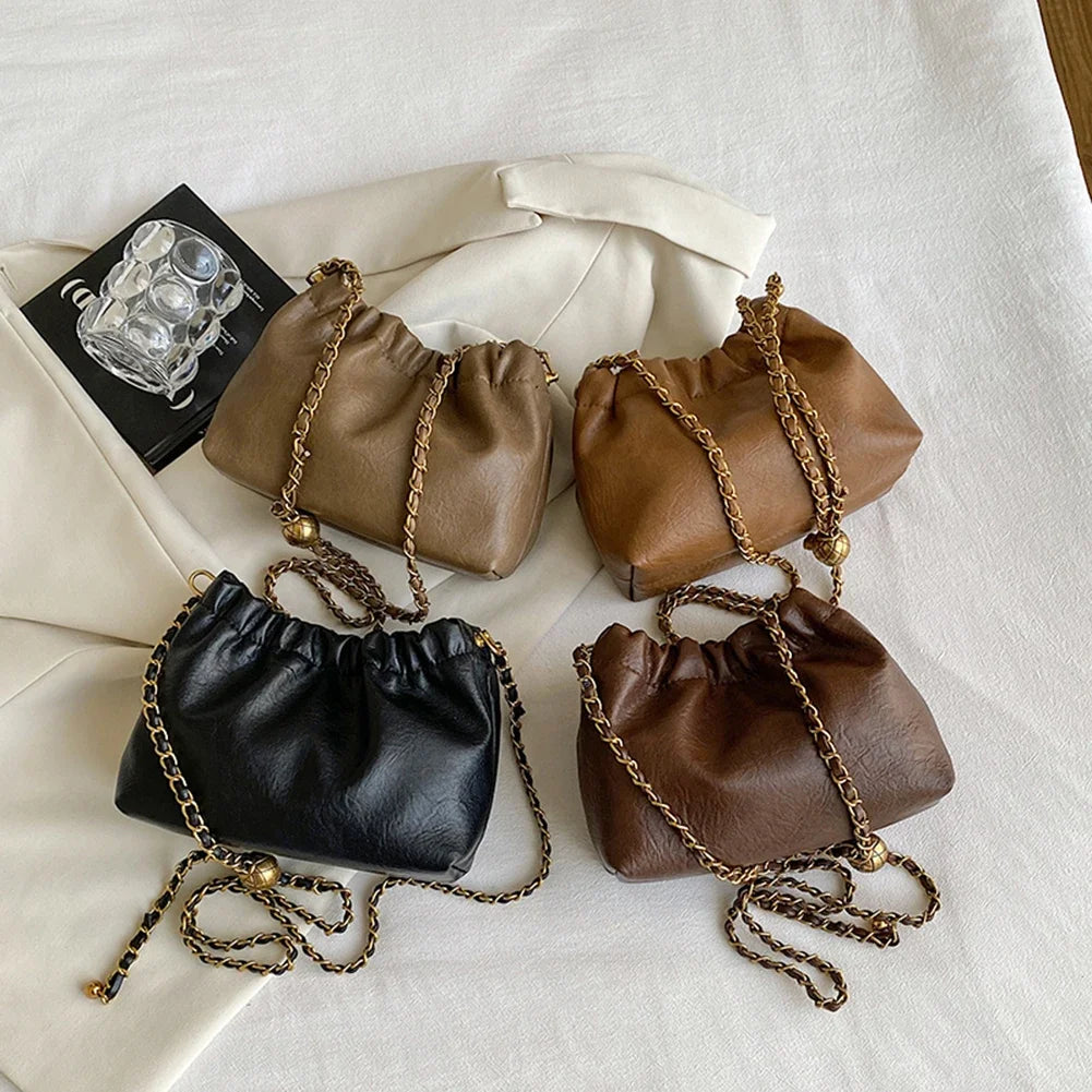 Women's Crossbody Tote Bag PU Leather Hobo Bag Fashionable Retro Bucket Bag Korean High-End Chain Crossbody Bag